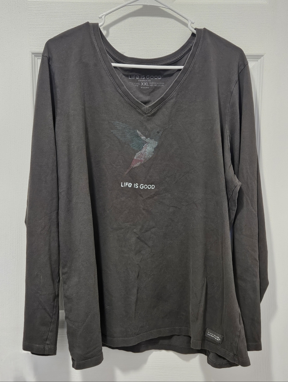 Life Is Good Charcoal V-Neck Long Sleeve Tee with Hummingbird